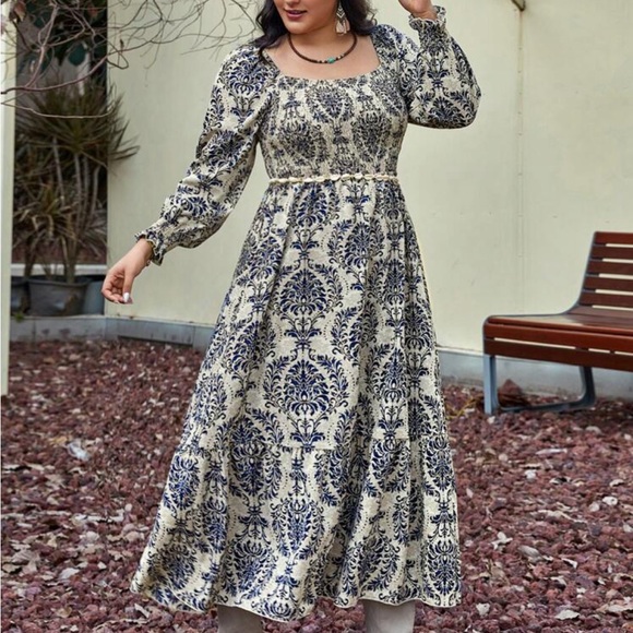 Boho Plus Size Damask Print Smock Maxi Dress Without Belt - Picture 5 of 5